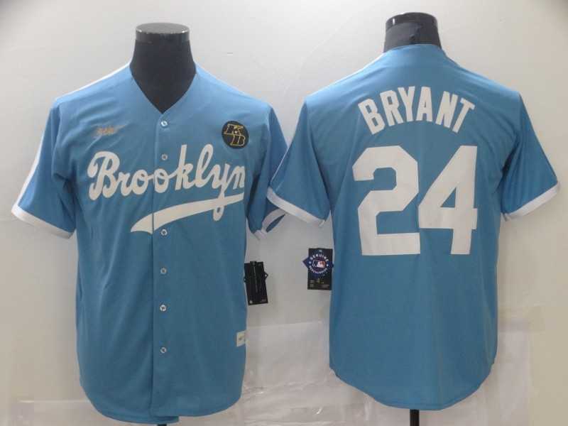 Mens Los Angeles Dodgers #24 Kobe Bryant Light Blue Throwback With KB Patch Cool Base Stitched Baseball Jersey